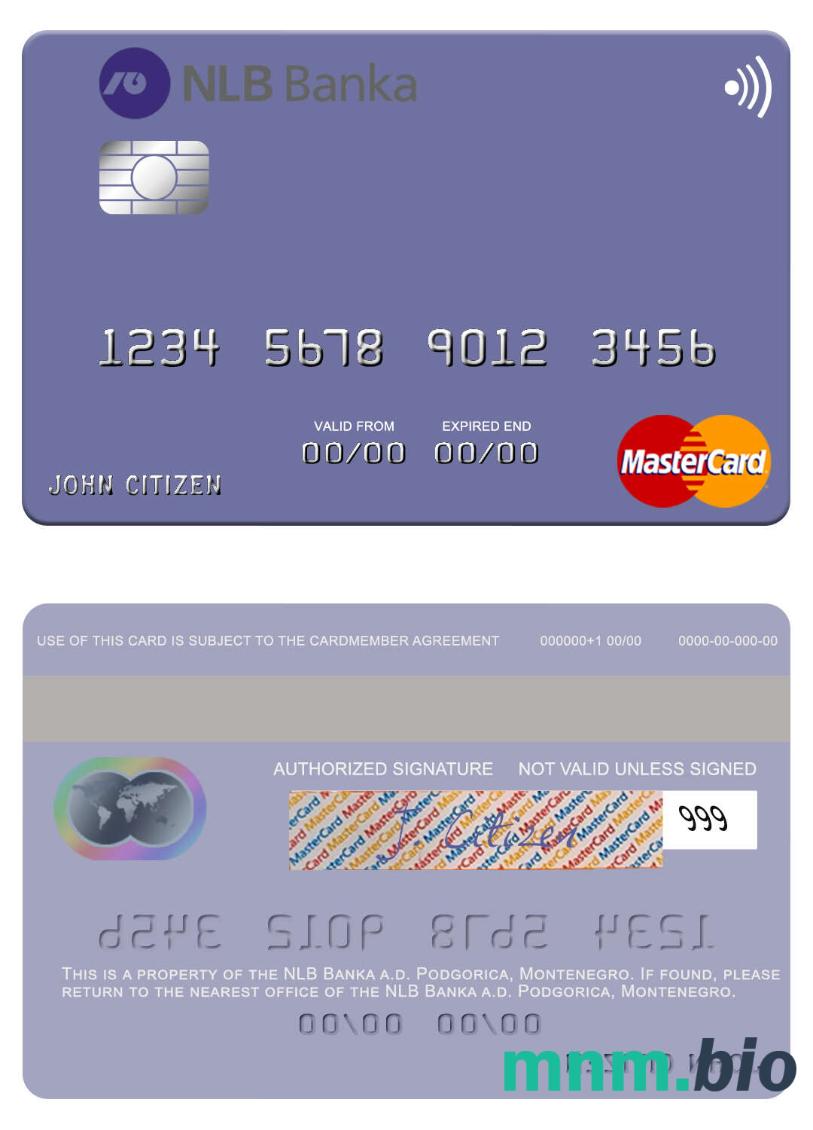 Montenegro NLB Banka a.d. Podgorica przykład karty mastercard w formacie PSD